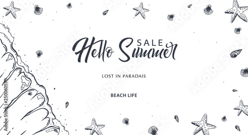 Summer Beach background. Sea Holiday. Linear graphic. Engraved top view illustration. Wave, surfboard, seashells, starfish. Top view. Vector Illustration.