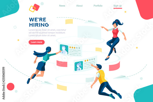 Management selection infographic. Employment, social presentation for recruiting, web recruitment resources, documents for find and choice. Research, questionnaire concept. Characters isometric vector