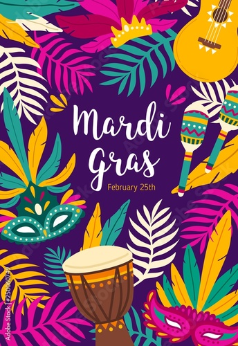 Mardi Gras flyer, poster or party invitation template decorated by exotic palm leaves, guitar, maracas and masks. Flat vector illustration for holiday celebration, masquerade or carnival announcement.