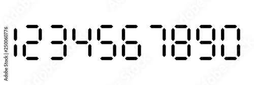 Black digital numbers. Seven-segment display is used in calculators, digital clocks or electronic meters. Vector illustration