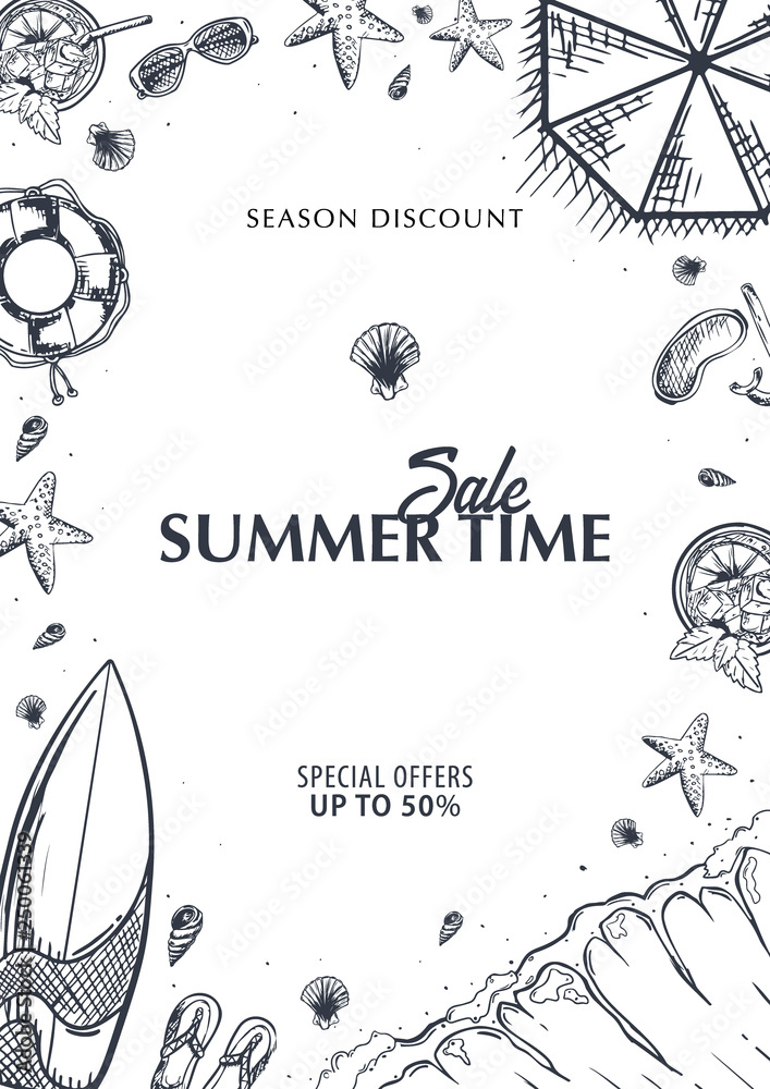 Summer Beach background. Sea Holiday. Linear graphic. Engraved top view illustration. Wave, surfboard, seashells, starfish. Top view. Vector Illustration. Summer Beach background. Sea Holiday. Linear graphic. Engraved top view illustration. Wave, surfboard, seashells, starfish. Top view. Vector Illustration.