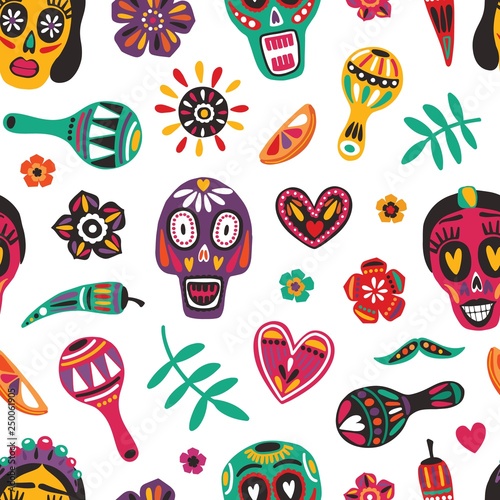 Motley seamless pattern with Mexican sugar skulls, Catrina's face, flowers, m...