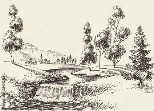 River flow landscape. Hand drawn nature background Fototapete