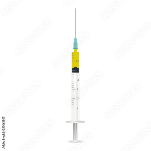 Syringe Injector Application Device With Needle Cover On Isolated On A White Background. Vector Icon Illustration. Syringes For Medical Drug Injection, Vaccine For Care And Treatment.