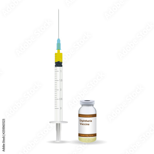 Immunization, Diphtheria Vaccine Plastic Medical Syringe With Needle And Vial Isolated On A White Background. Vector Illustration. Vaccination Healthcare Concept.