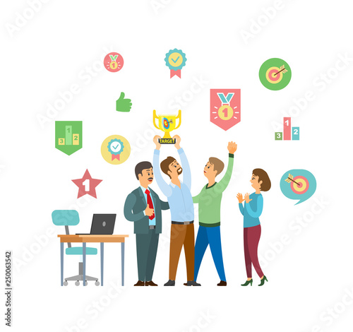 People celebrating success of team vector, teamwork workers. Boss and employees holding trophy, award for achievements in business, victory winners