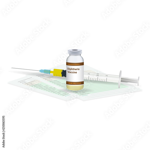 Immunization, Diphtheria Vaccine Medical Test, Vial And Syringe Ready For Injection A Shot Of Vaccine Isolated On A White Background. Vector Illustration. Vaccination Healthcare Concept.