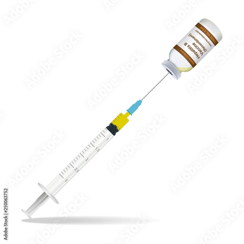 Immunization, Hepatitis Vaccine Syringe Contain Some Injection And Injection Bottle Isolated On A White Background. Vector Illustration. Vaccination Healthcare Concept.