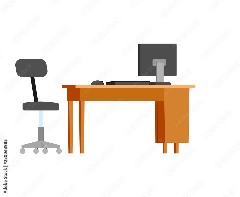 Workplace of office workers, furniture isolated icon vector. Table made of wood, armchair of boss, desk with personal computer on top, modern devices Workplace of office workers, furniture isolated icon vector. Table made of wood, armchair of boss, desk with personal computer on top, modern devices