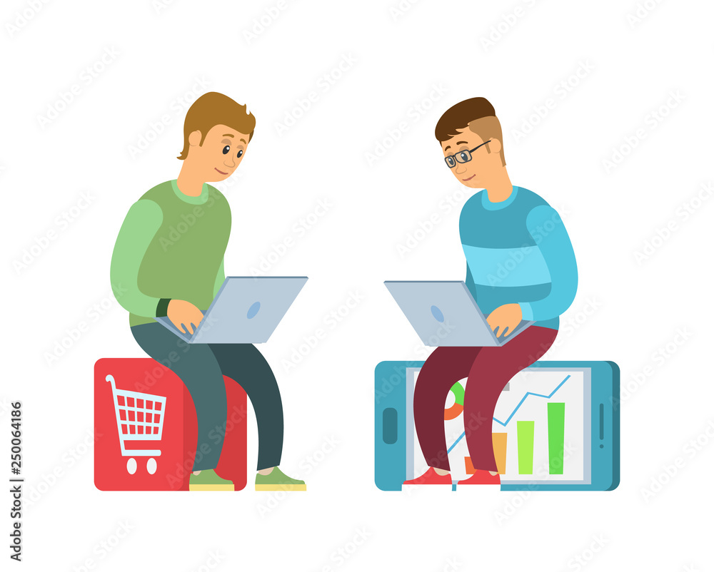 Shopping online vector, purchases on websites in internet. Ecommerce, people sitting on trolley and smartphone, using laptops to make orders in stores