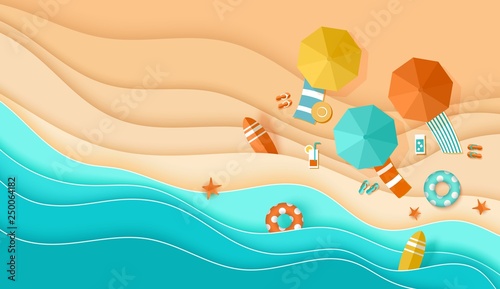 Beach background sea waves sand umbrella umbrella deck chair papercut paper