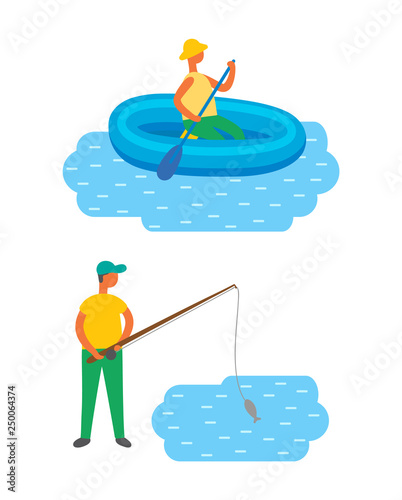 Male fishing in lake, swimming in river at inflatable boat. Vector isolated fisher catching fish, man with fishery rod on rest, fishermans hobby sport activity