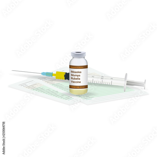 Immunization, Measles Mumps Rubella Vaccine Medical Test, Vial And Syringe Ready For Injection A Shot Of Vaccine Isolated On A White Background. Vector Illustration. Vaccination Healthcare Concept.