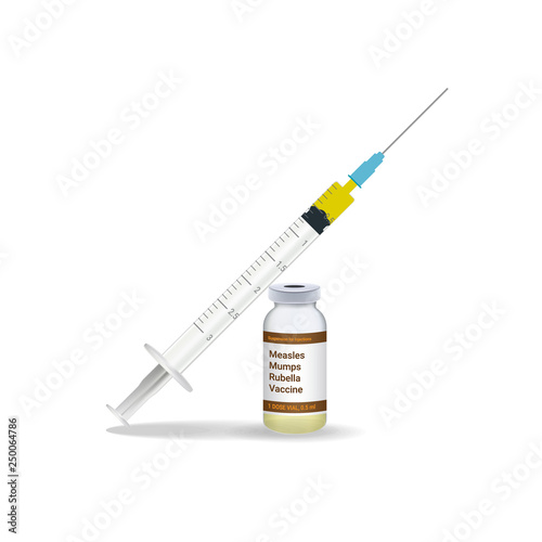 Immunization, Measles Mumps Rubella Vaccine Syringe With Yellow Vaccine, Vial Of Medicine Isolated On A White Background. Vector Illustration. Vaccination Healthcare Concept.
