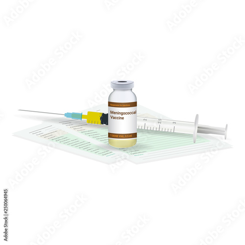 Immunization, Meningococcal Vaccine Medical Test, Vial And Syringe Ready For Injection A Shot Of Vaccine Isolated On A White Background. Vector Illustration. Vaccination Healthcare Concept.