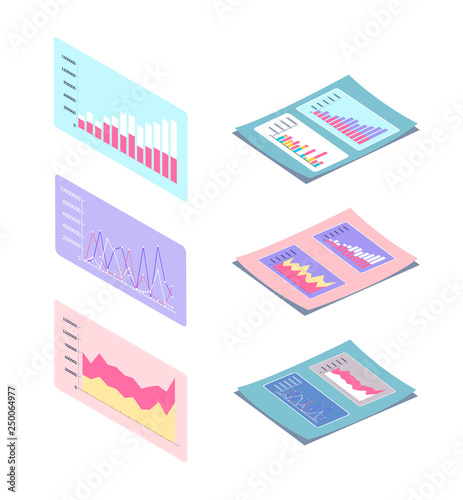 Visualized information on paper documents and screens vector. Infographics and info charts with results of business project, flowcharts with numeric data