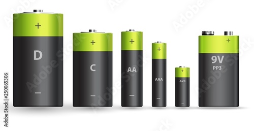 Fotografia Green and black realistic alkaline battery set, diffrent types isolated on white background