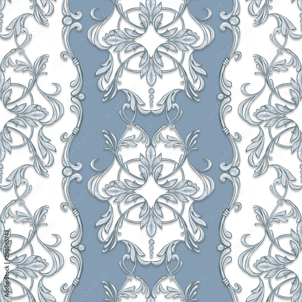 Seamless baroque pattern with decorative silver scrolls