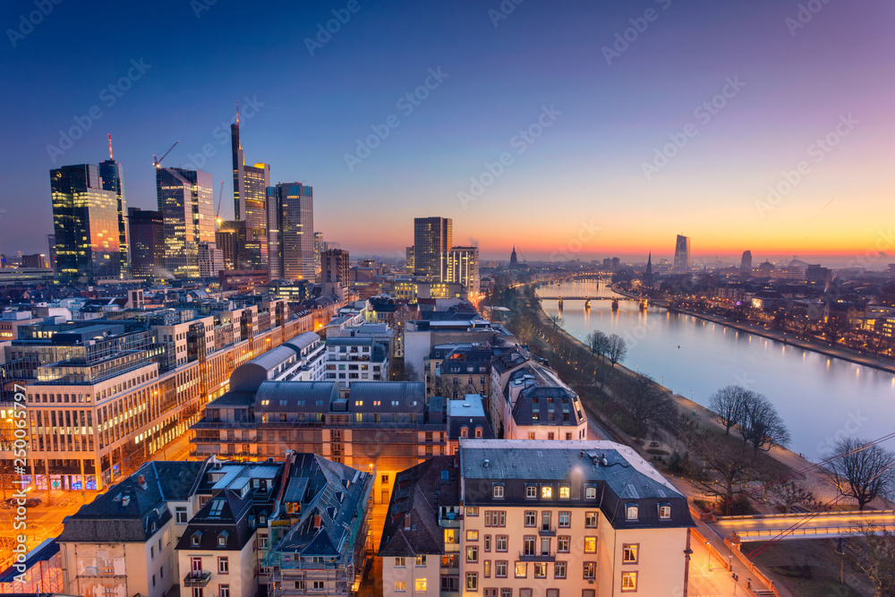 Frankfurt am Main, Germany. Aerial cityscape image of Frankfurt am Main skyline during beautiful sunrise.