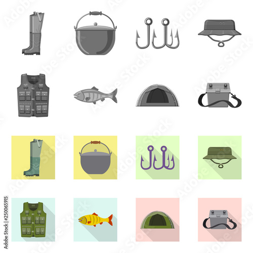 Vector illustration of fish and fishing symbol. Set of fish and equipment vector icon for stock.