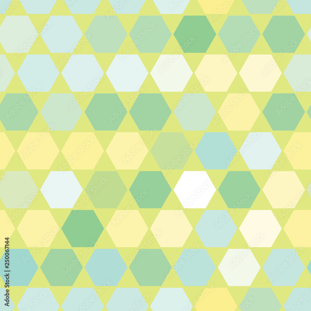 Vector of seamless pattern with simple hexagonal geometrical figures colored in light lime color. Design for textile, fabric, decoration, wallpaper, wrapping, scrapbook, packaging or background Vector of seamless pattern with simple hexagonal geometrical figures colored in light lime color. Design for textile, fabric, decoration, wallpaper, wrapping, scrapbook, packaging or background