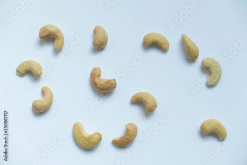 Top view of cashew nuts on white background.