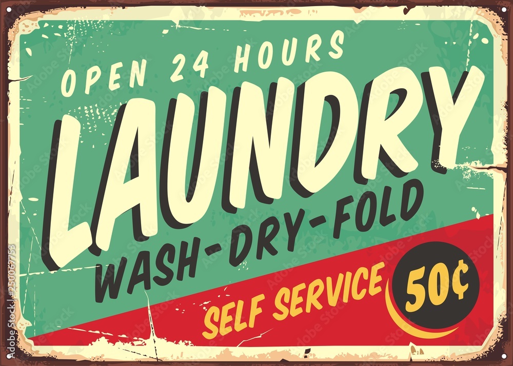Laundry fifties comic style retro sign banner. Washing clothes promotional poster design on old rusty metal plate. Vector laundry illustration.