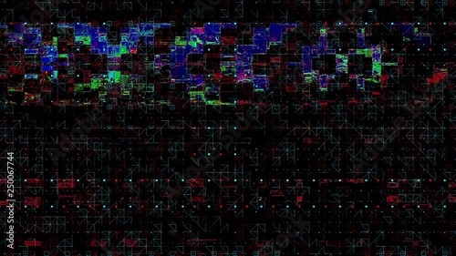 Moving glitch colorful small triangle shape grid figure at black background animation abstract