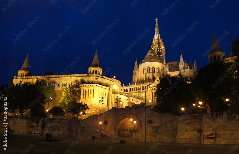 Night view of Fisherman's Bastion and Matthias church, Budapest, Hungary