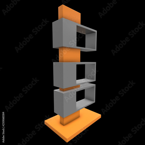 Showcase Displays Retail Shelves Stand. Trade show booth. 3d render illustration on black background. Template mockup for your design.