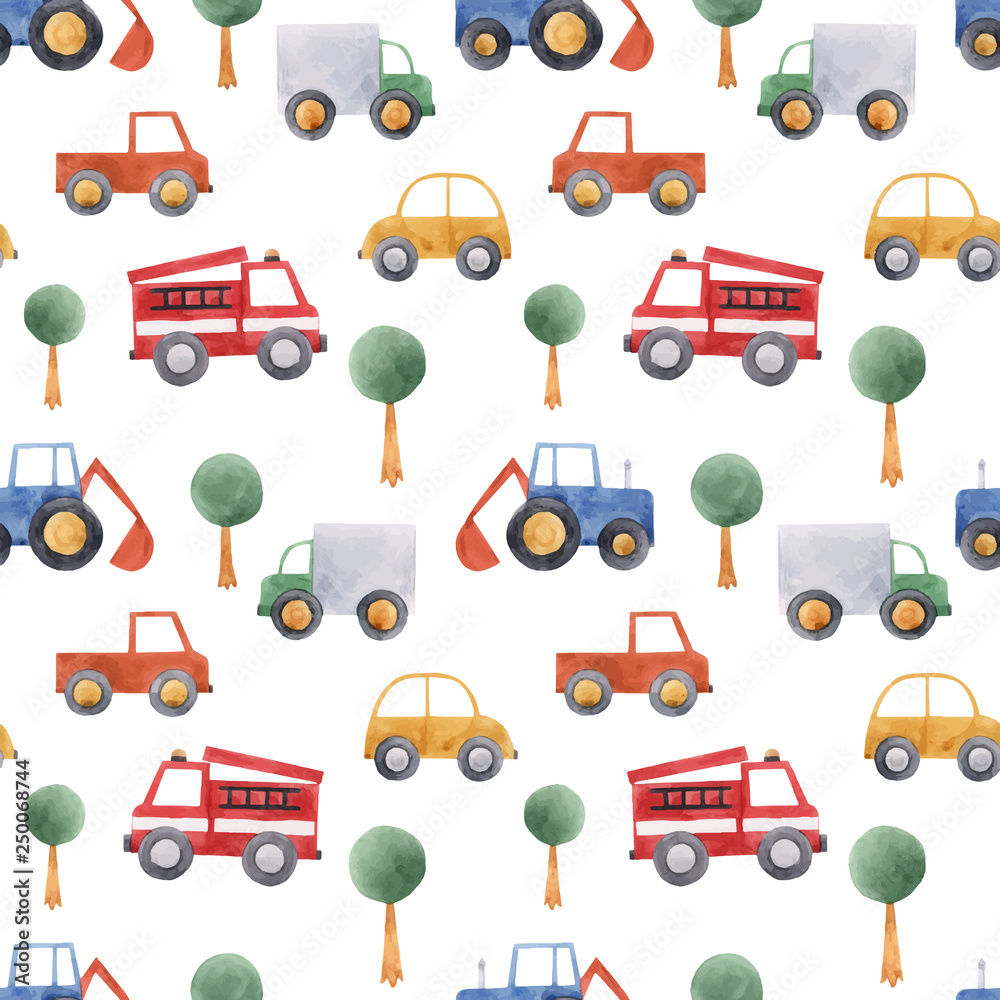 Naklejka premium Watercolor baby car vehicle vector pattern