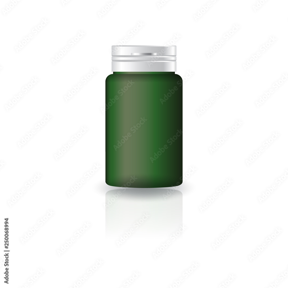 Green cylinder supplements or medicine bottle with cap lid for beauty or healthy product. Isolated on white background with reflection shadow. Ready to use for package design. Vector illustration.