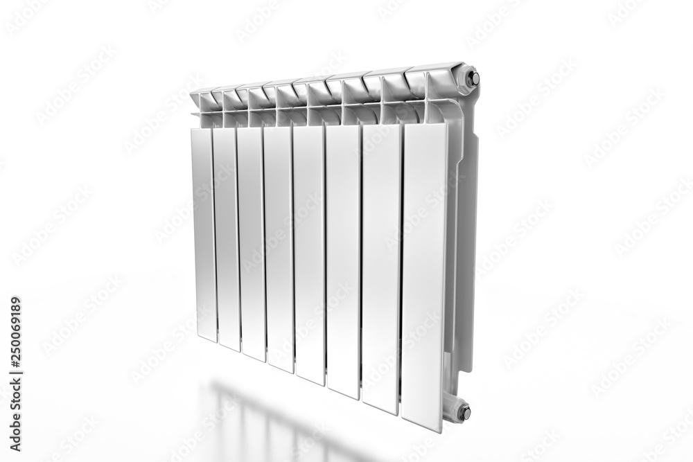 3D rendering. Central heating radiator with many sections. White heating radiator on white background. 3D rendering. Central heating radiator with many sections. White heating radiator on white background.