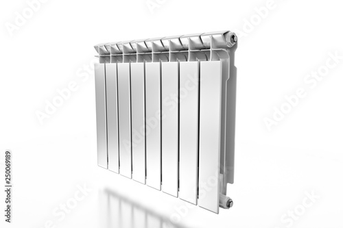 3D rendering. Central heating radiator with many sections. White heating radiator on white background.