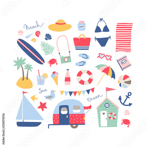  Summer beach collection in blue, pink and red colors.