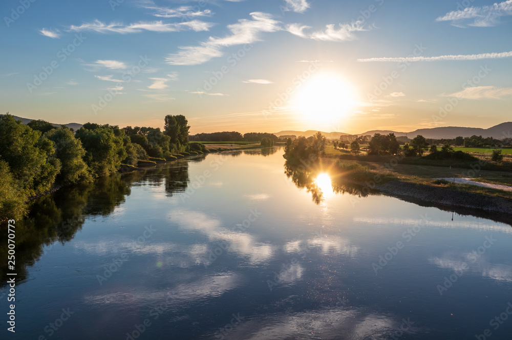 The sunset over river Weser in Germany