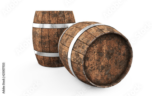 Wooden barrel with iron hoops isolated on white background. 3d rendering. Old barrel with rust on the hoops. Front view