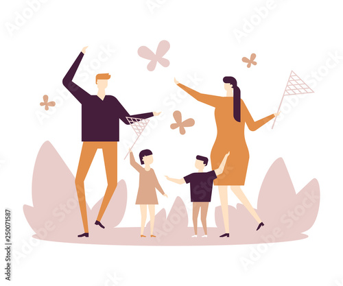 Family catching butterflies - flat design style illustration