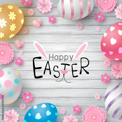 Easter day design of eggs and flowers on white wood texture background vector illustration