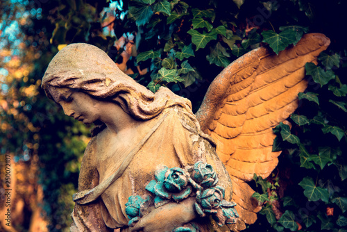 Obraz na płótnie A fragment of ancient sculpture angel in a golden glow in the old cemetery. Symbol of love, invisible forces, purity, enlightenment, ministry. Chariot. w salonie