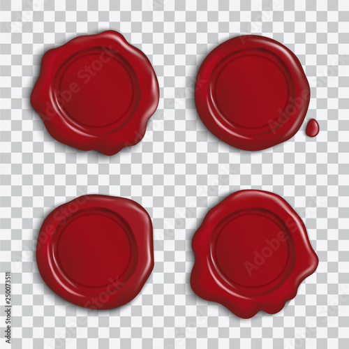 Vector set of empty red shiny wax seals with shadow isolated on transparent background