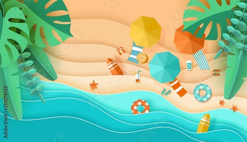 Beach background sea waves sand tropical leaves umbrella deck chair papercut paper