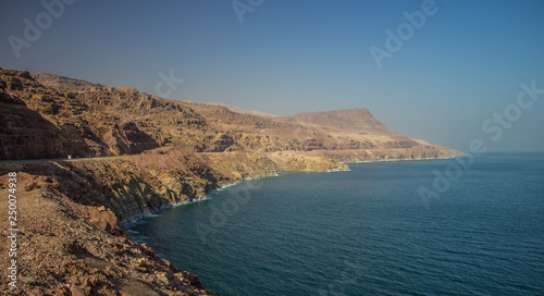 Middle East desert bare mountain ridge in perspective foreshortening along dead sea shoreline, panorama photography