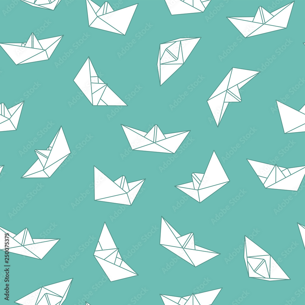 Vector seamless origami pattern with drawing paper boats. Decorative green background Vector seamless origami pattern with drawing paper boats. Decorative green background
