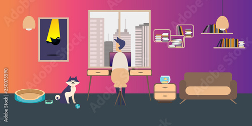 Modern interior design of Freelance WorkRoom with furniture, different constructor elements, desk, chair, couch, chair, lamp, painting, window, dasktop, dog, man at work. Vector illustration. 