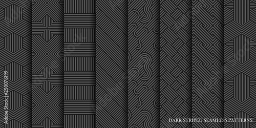 Collection of vector seamless abstract geometric patterns - dark gray striped texture. Endless fabric backgrounds.