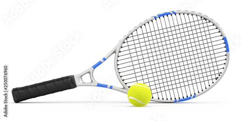 Tennis racquet and tennis ball isolated on white. 3d rendering photo
