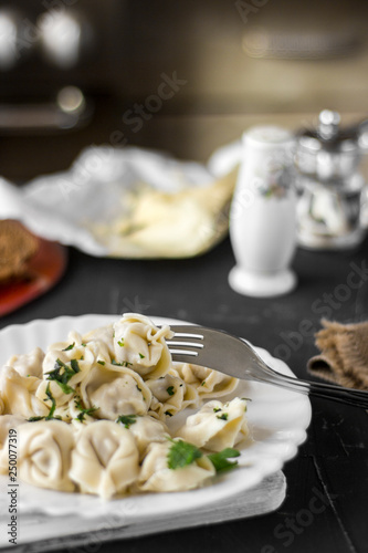 Traditional russian pelmeni, ravioli, dumplings with meat on dark concrete background. Parsley, pepper, and spices.