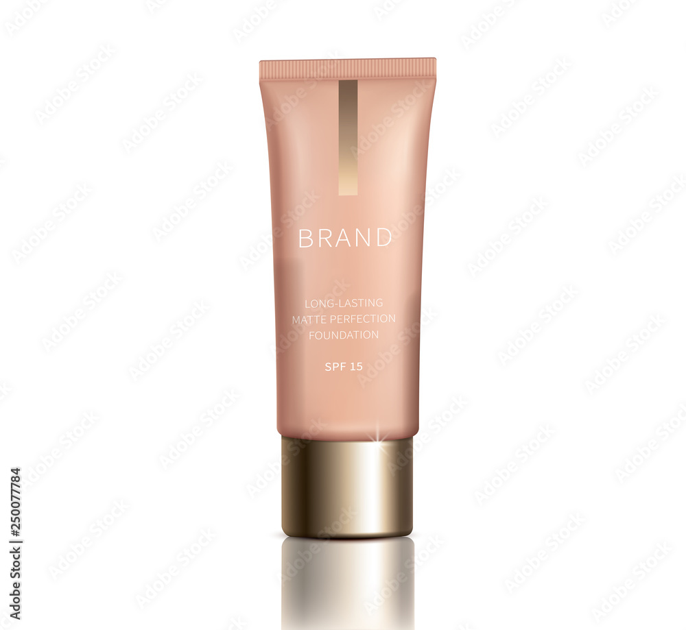 Cosmetic realistic vector, foundation or concealer for perfect makeup, decorative cosmetics. Colorstay foundation in plastic tube with golden cap for radiant complexion, isolated on white background Cosmetic realistic vector, foundation or concealer for perfect makeup, decorative cosmetics. Colorstay foundation in plastic tube with golden cap for radiant complexion, isolated on white background