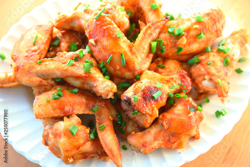 Overhead view of baked chicken wings